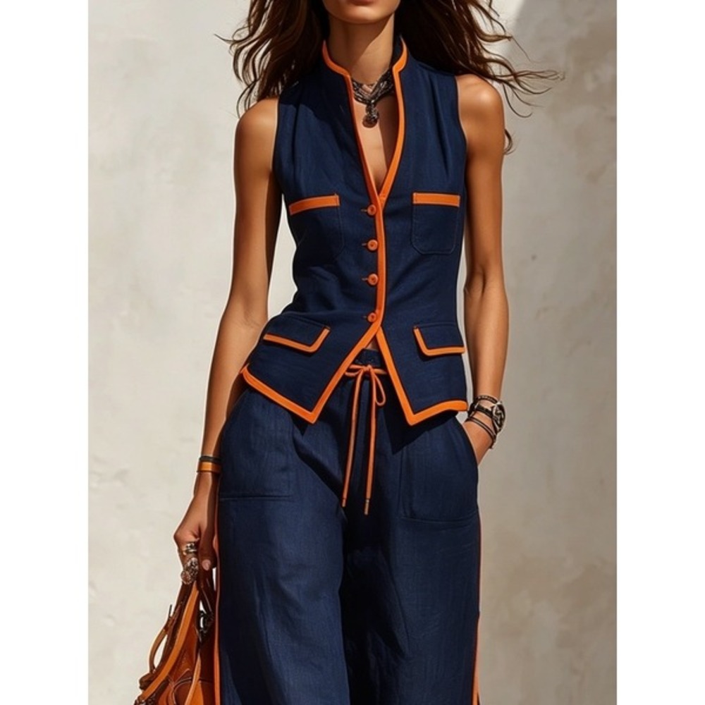 Stylewe Navy Orange Trim Cotton Linen Vest and Wide Leg Pants Set Womens Medium